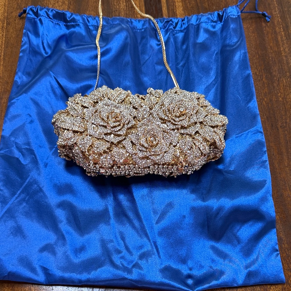 Gold Floral Rhinestone/ Crystal “Roses” Evening Clutch - Women Bags